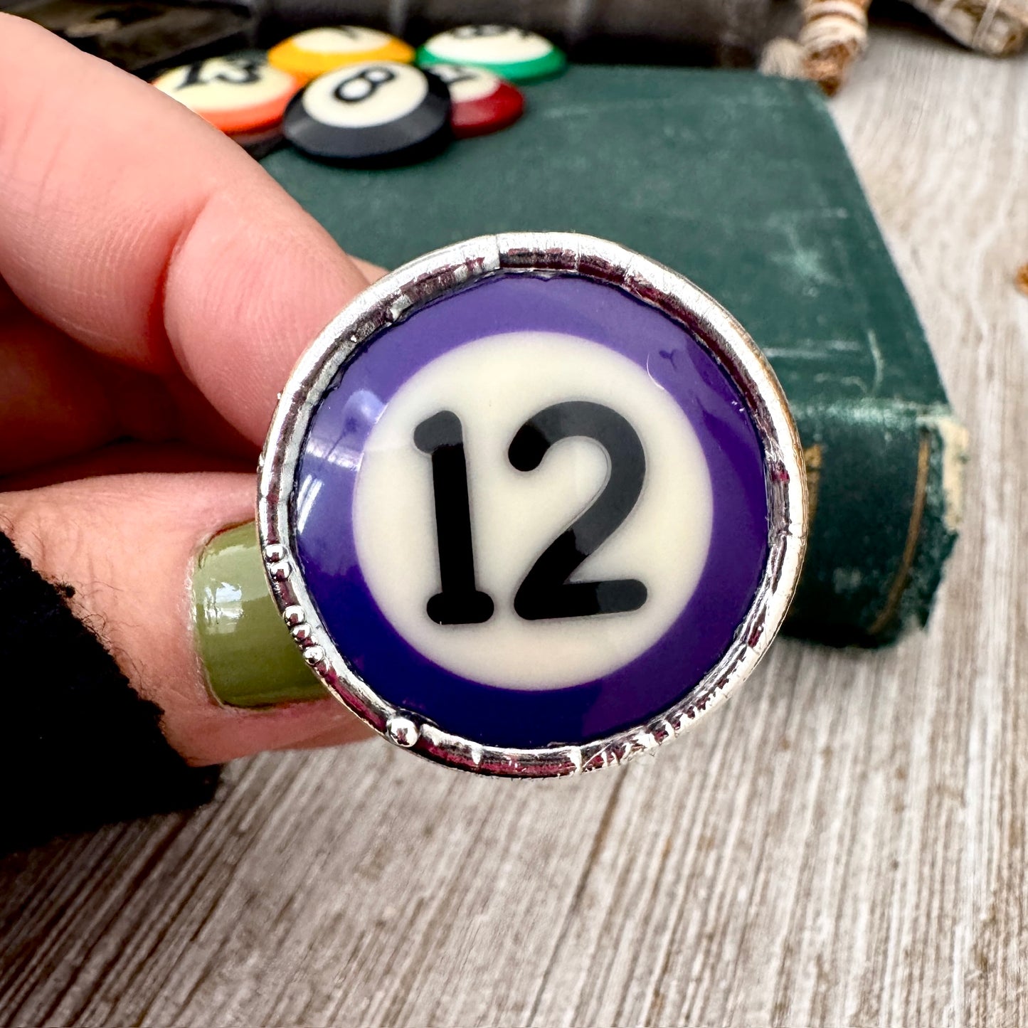 Playing Games - #12 Vintage Pool Ball Ring Fine Silver Size 8.5/ One of a Kind.