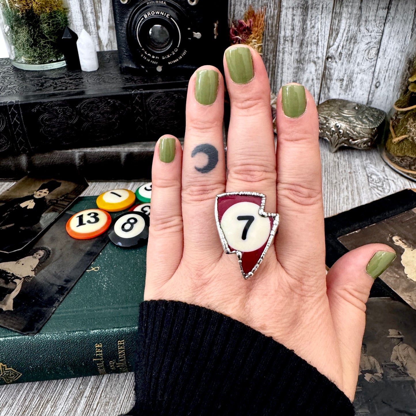 Playing Games - #7 Vintage Pool Ball Ring Fine Silver Size 10 / One of a Kind.