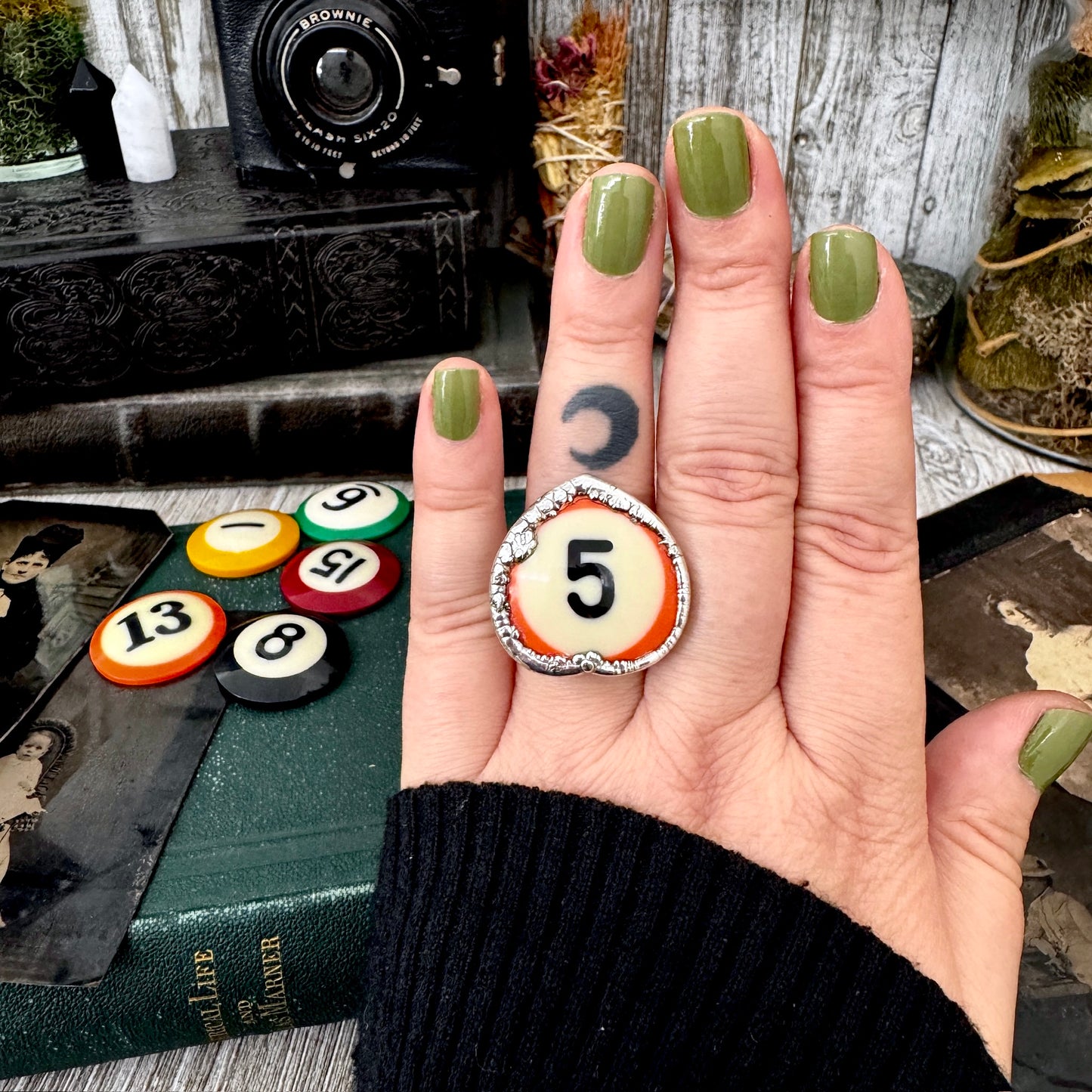Playing Games - #5 Vintage Pool Ball Ring Fine Silver Size 8.5 / One of a Kind.