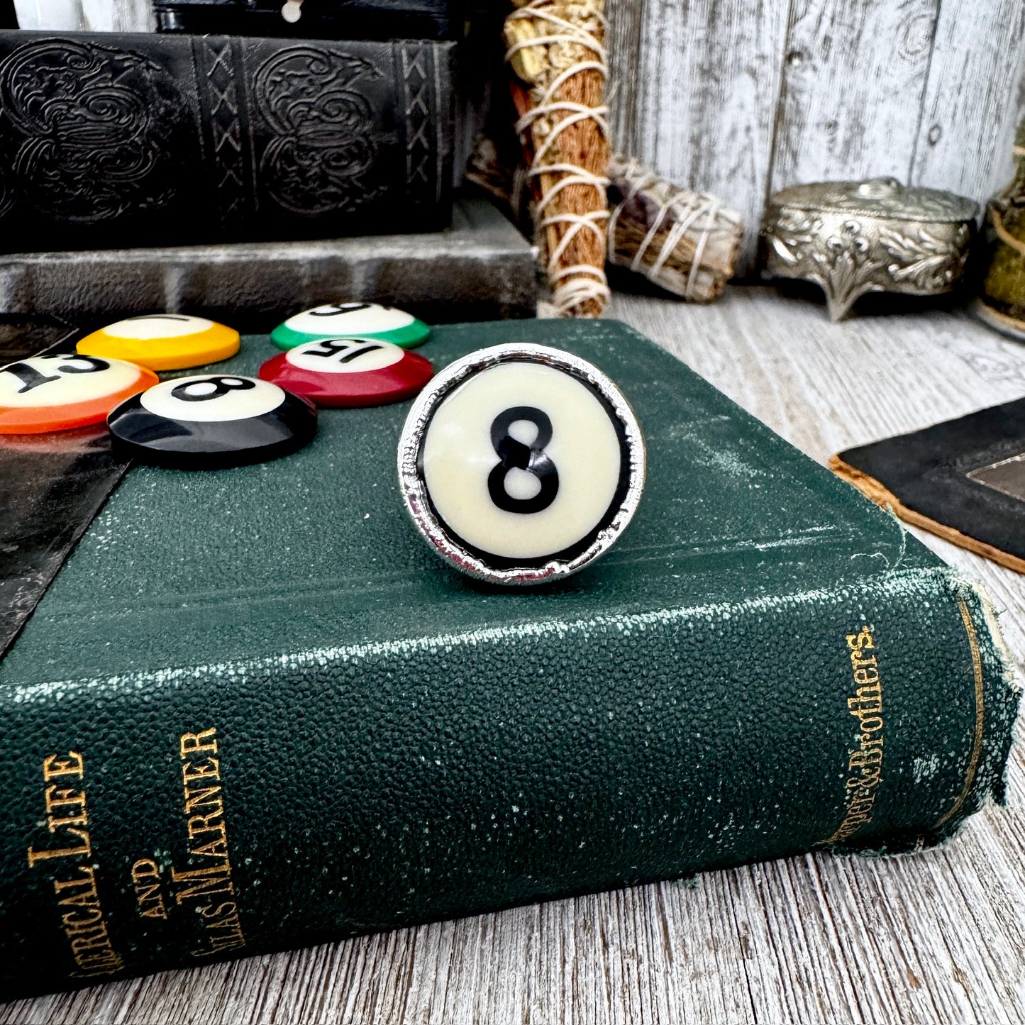 Playing Games - #8 Vintage Pool Ball Ring Fine Silver Size 6.5 / One of a Kind.