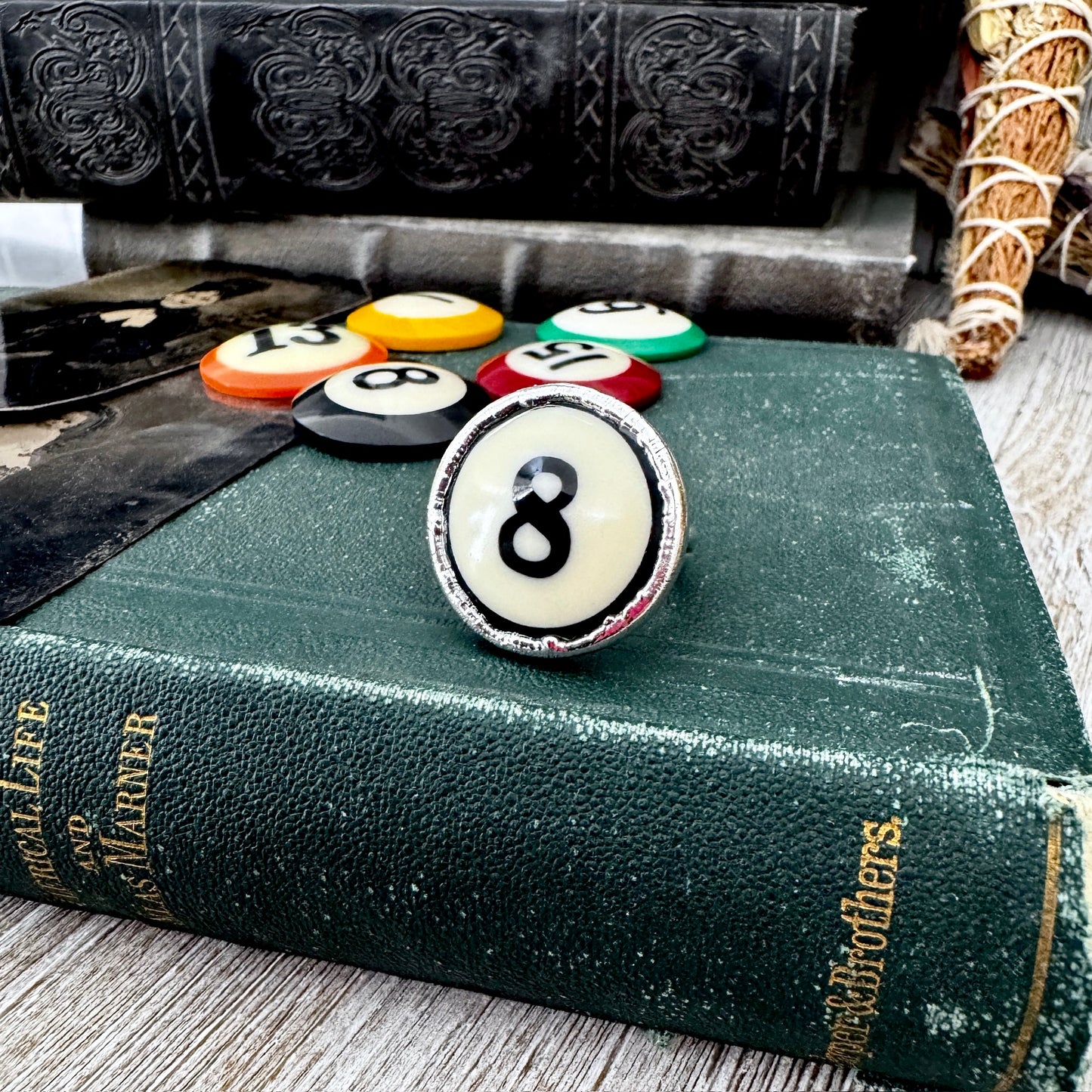Playing Games - #8 Vintage Pool Ball Ring Fine Silver Size 6.5 / One of a Kind.
