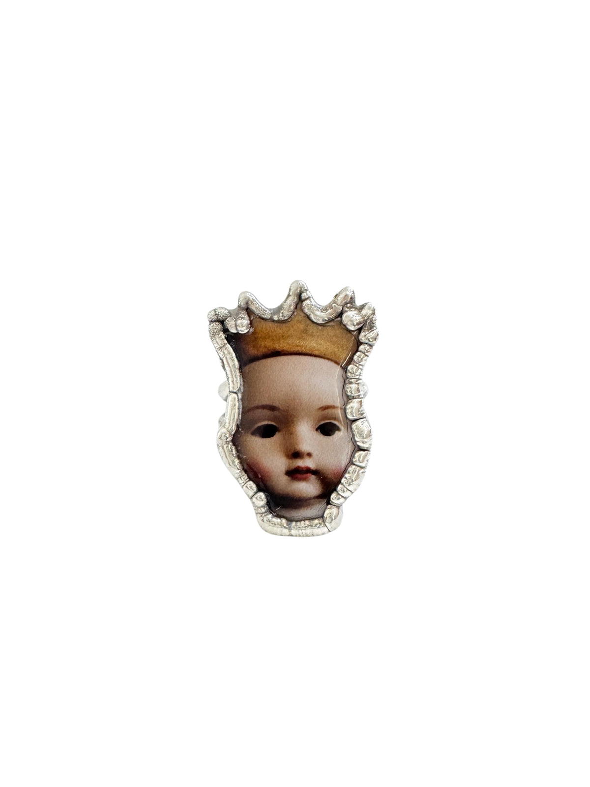 doll head statement ring, fine silver, size 8