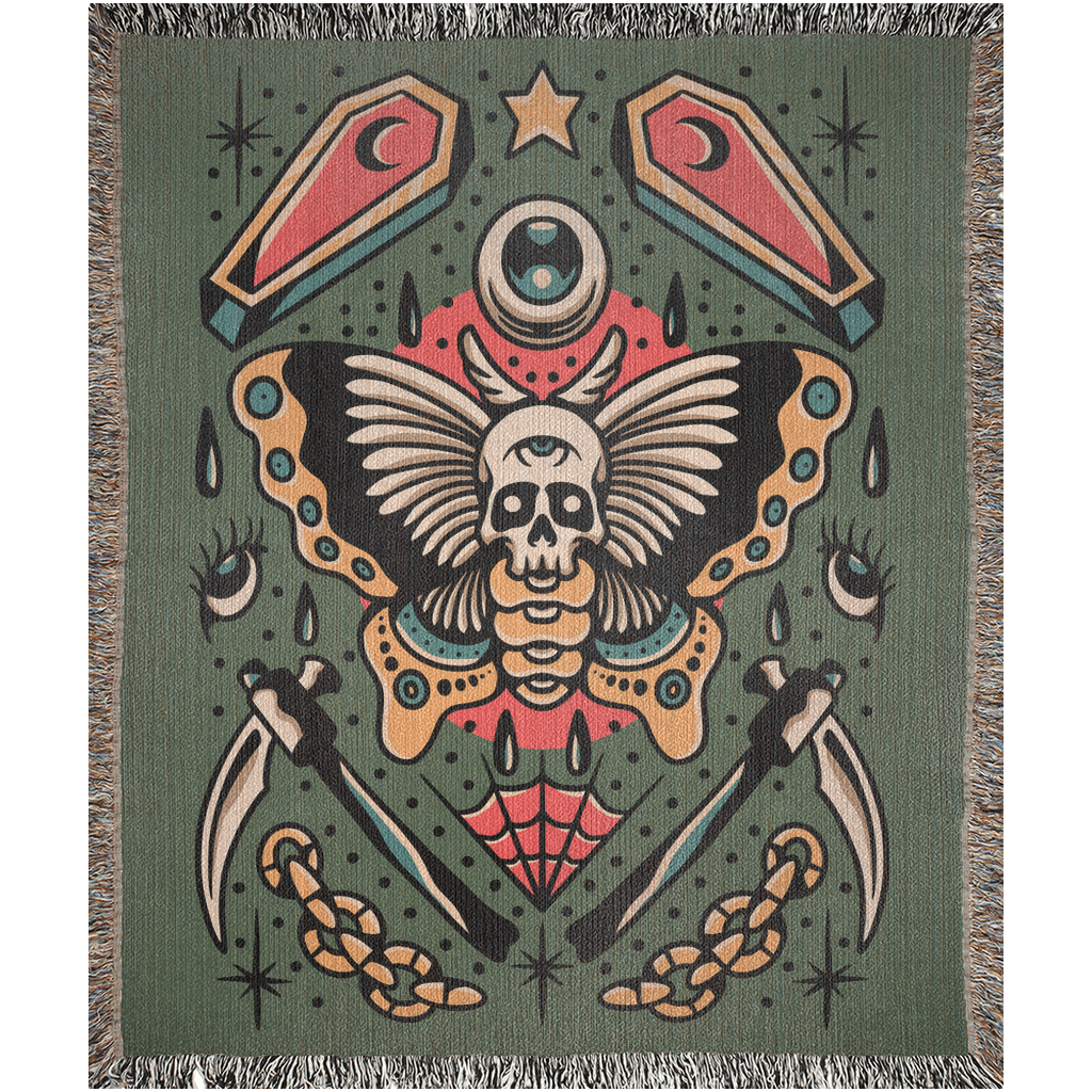 Death Moth Traditional Tattoo Style Woven Fringe Blanket / / Wall tapestry or throw for sofa, maximalist decor,  tattoo home decor (Copy) (Copy)