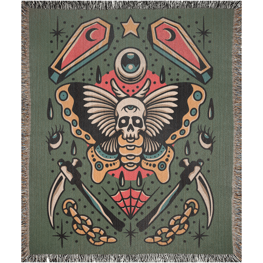 Death Moth Traditional Tattoo Style Woven Fringe Blanket / / Wall tapestry or throw for sofa, maximalist decor,  tattoo home decor (Copy) (Copy)