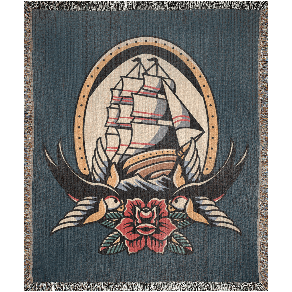 Pirate Ship Traditional Tattoo Style Woven Blanket - Foxlark Crystal Jewelry