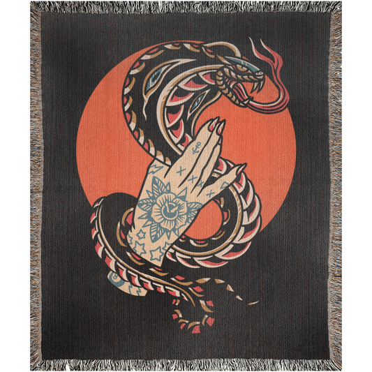 Black Cobra Traditional Tattoo Style Woven Fringe Blanket / / Wall tapestry, throw for sofa, maximalist decor, tattoo home decor (Copy)