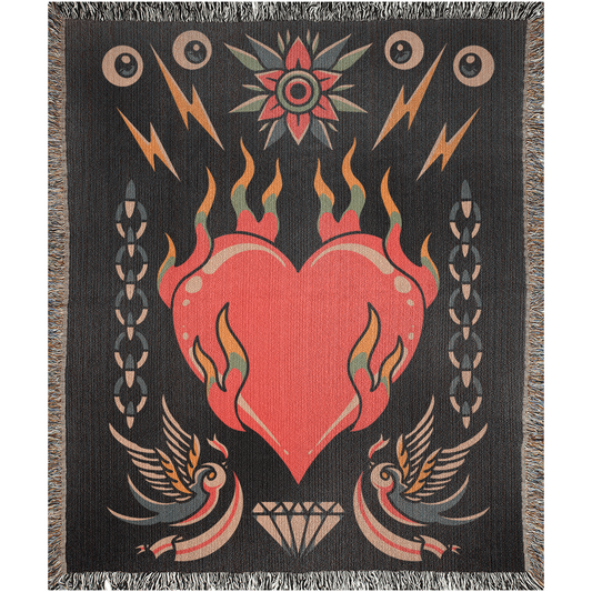 Bleeding Heart Traditional Tattoo Style Woven Fringe Blanket / / Wall tapestry or throw for sofa, maximalist decor,  tattoo home decor (Copy)