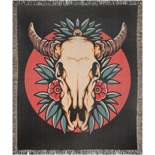 Bull Skull and Roses Traditional Tattoo Style Woven Fringe Blanket / / Wall tapestry, throw for sofa, maximalist decor, tattoo home decor