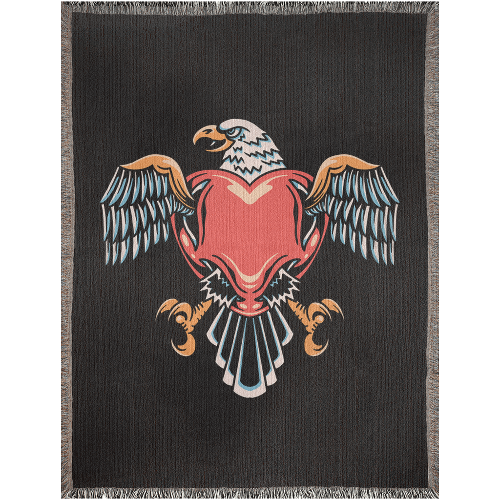 Eagle inside Heart Traditional Tattoo Style Woven Fringe Blanket / / Wall tapestry, throw for sofa, maximalist decor, tattoo home decor