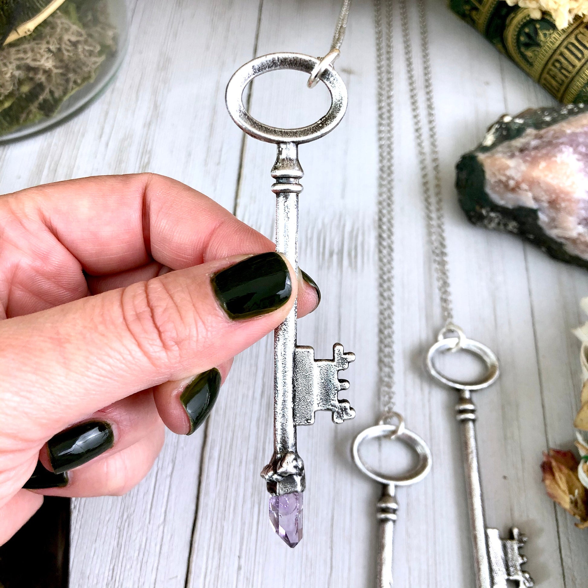 Raw Vera Cruz Amethyst Crystal Vintage Skeleton Key Necklace Pendant in Fine Silver / Foxlark Collection - One of a Kind