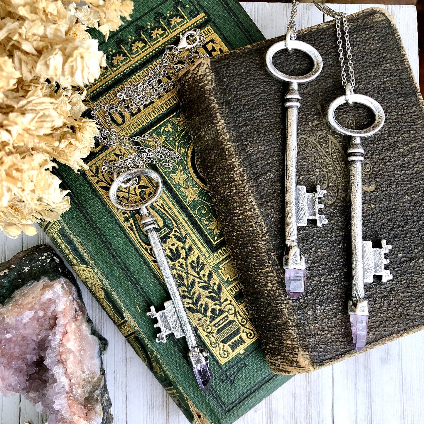 Raw Vera Cruz Amethyst Crystal Vintage Skeleton Key Necklace Pendant in Fine Silver / Foxlark Collection - One of a Kind
