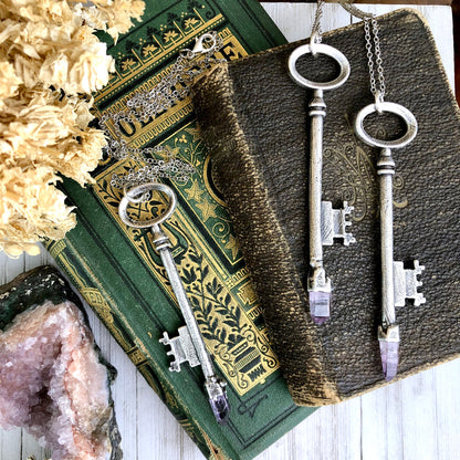 Raw Vera Cruz Amethyst Crystal Vintage Skeleton Key Necklace Pendant in Fine Silver / Foxlark Collection - One of a Kind