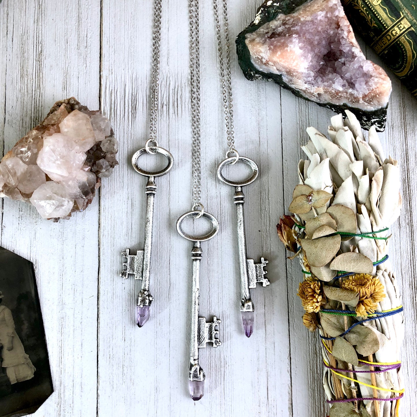 Raw Vera Cruz Amethyst Crystal Vintage Skeleton Key Necklace Pendant in Fine Silver / Foxlark Collection - One of a Kind