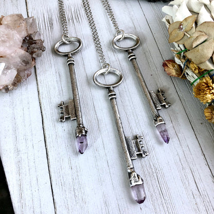 Raw Vera Cruz Amethyst Crystal Vintage Skeleton Key Necklace Pendant in Fine Silver / Foxlark Collection - One of a Kind