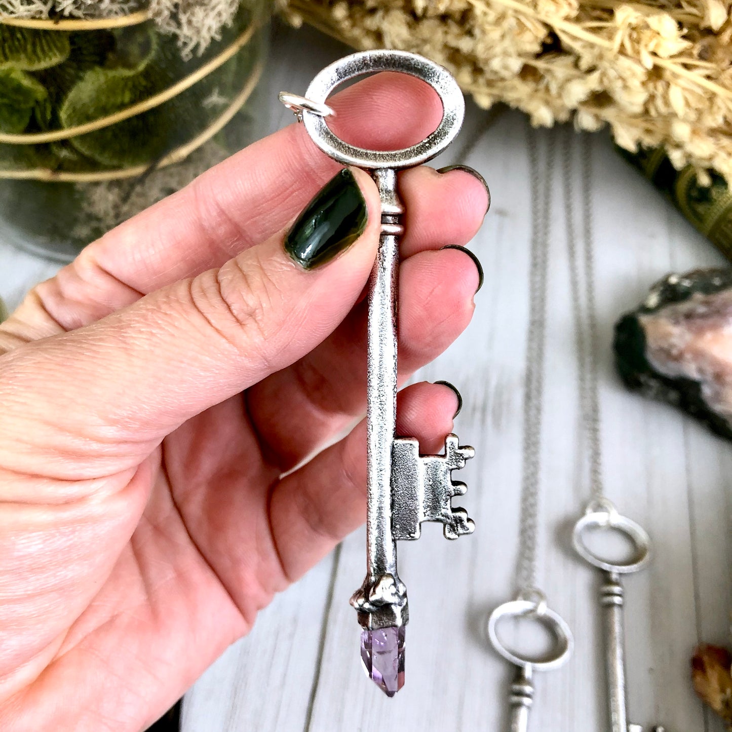Raw Vera Cruz Amethyst Crystal Vintage Skeleton Key Necklace Pendant in Fine Silver / Foxlark Collection - One of a Kind