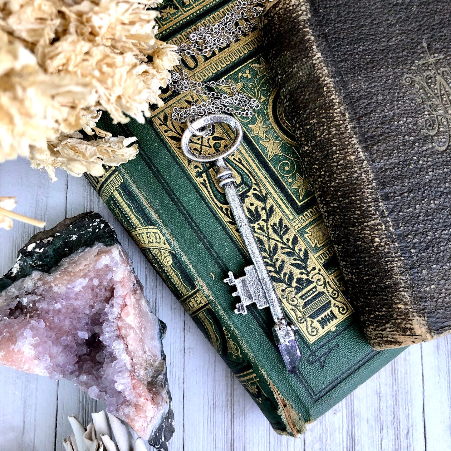 Raw Vera Cruz Amethyst Crystal Vintage Skeleton Key Necklace Pendant in Fine Silver / Foxlark Collection - One of a Kind