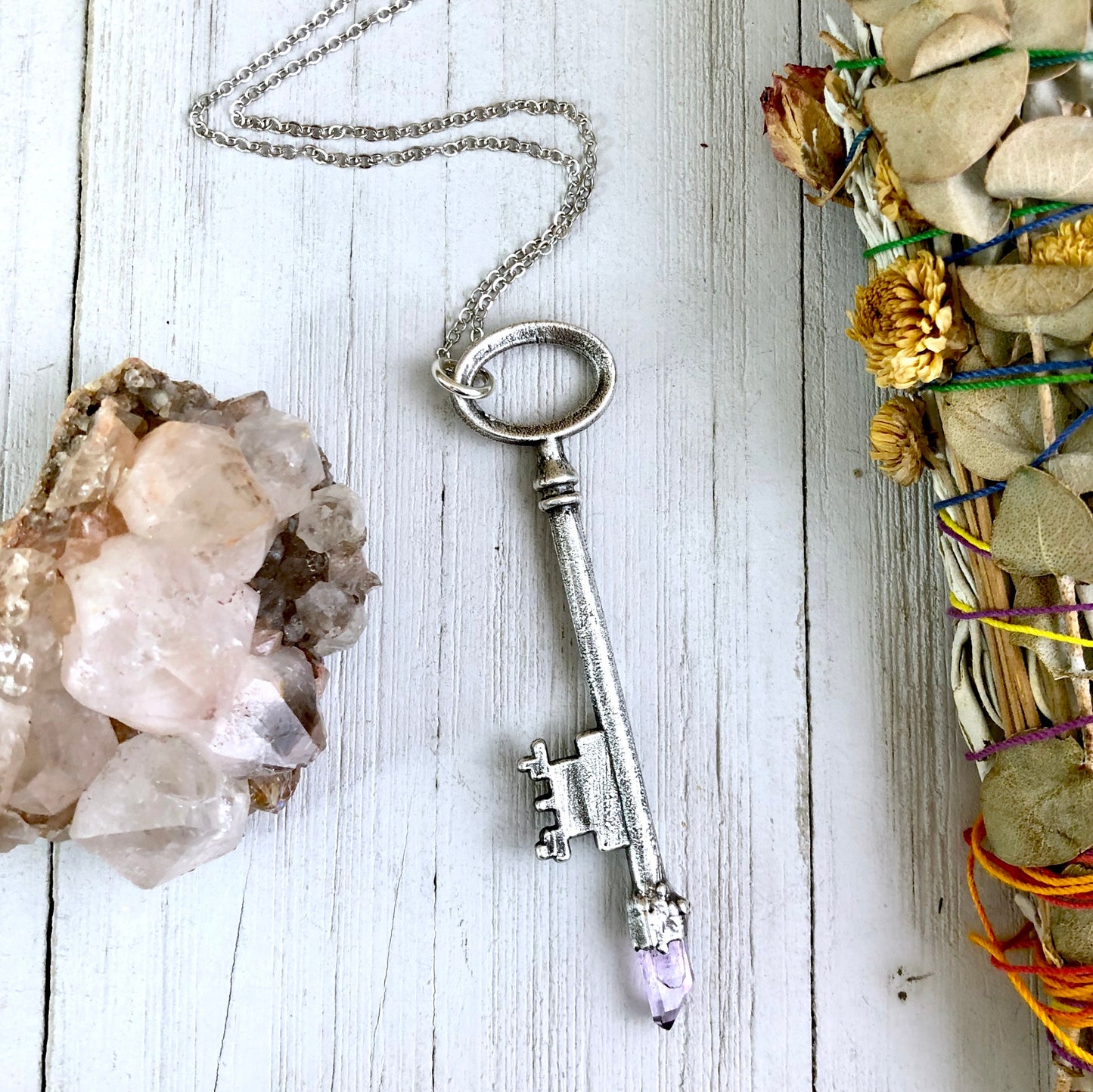 Raw Vera Cruz Amethyst Crystal Vintage Skeleton Key Necklace Pendant in Fine Silver / Foxlark Collection - One of a Kind