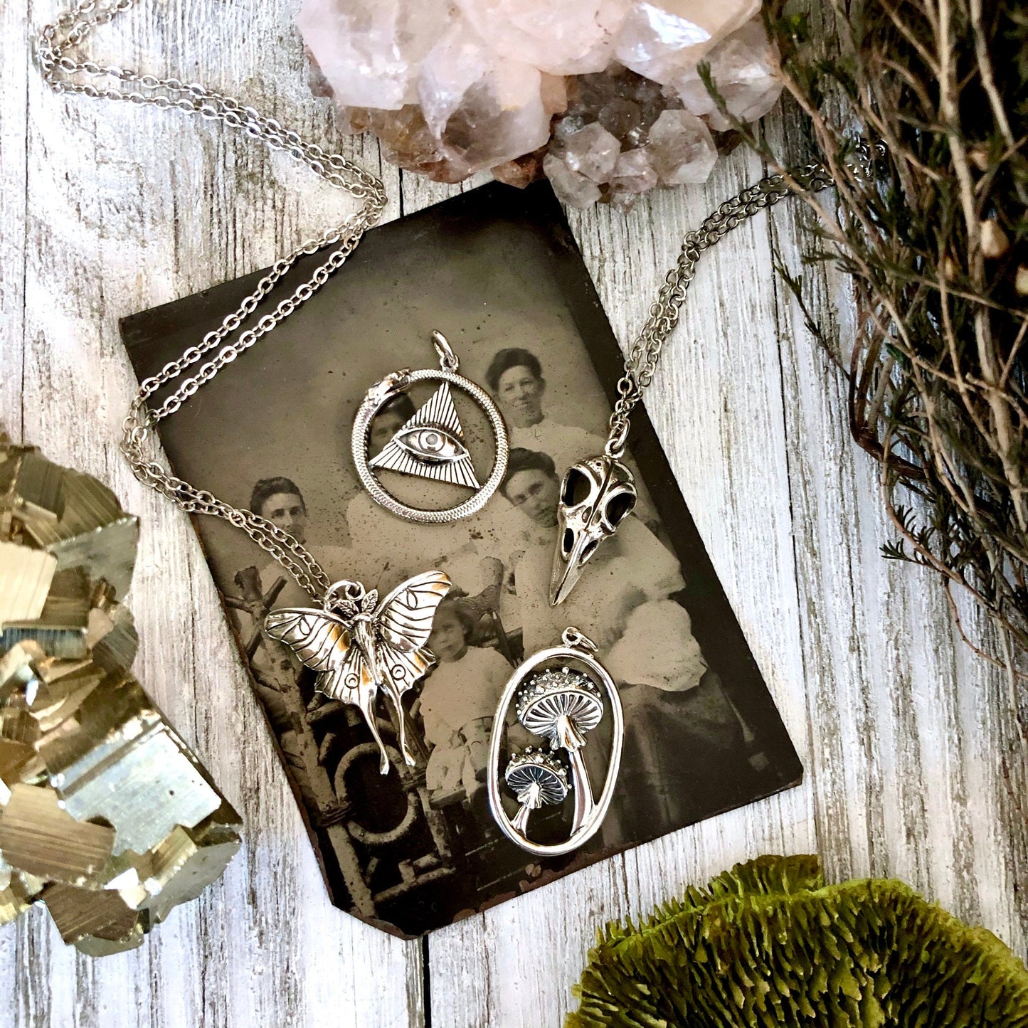Tiny Talisman Collection - Sterling Silver Snake Pendant with Bronze Moon and Stars 33x15mm /