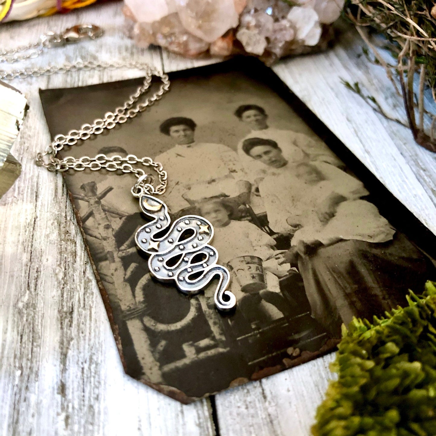 Tiny Talisman Collection - Sterling Silver Snake Pendant with Bronze Moon and Stars 33x15mm /