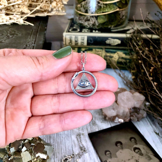 Tiny Talisman Collection - Sterling Silver All Seeing Eye and Ouroboros Necklace Pendant 21x21mm /