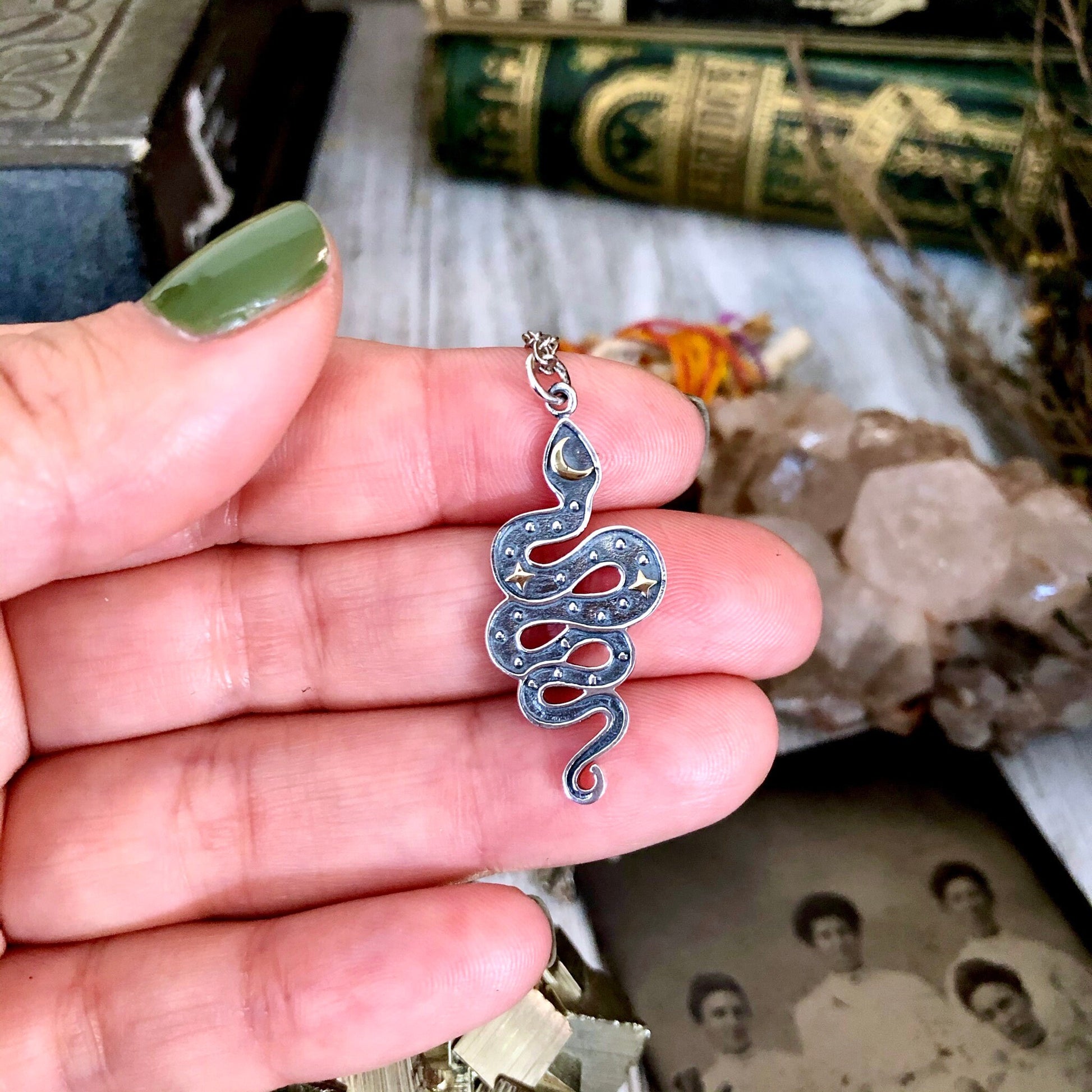 925 Sterling Silver, boho jewelry, Bronze Moon necklace, Etsy ID: 920842839, Geometric Necklace, Gothic Jewelry, Jewelry, Necklaces, Pendants, Silver Snake Pendant, Snake Necklace, Star Necklace, Sterling Silver, Talisman Necklace, TINY TALISMANS, Witch J