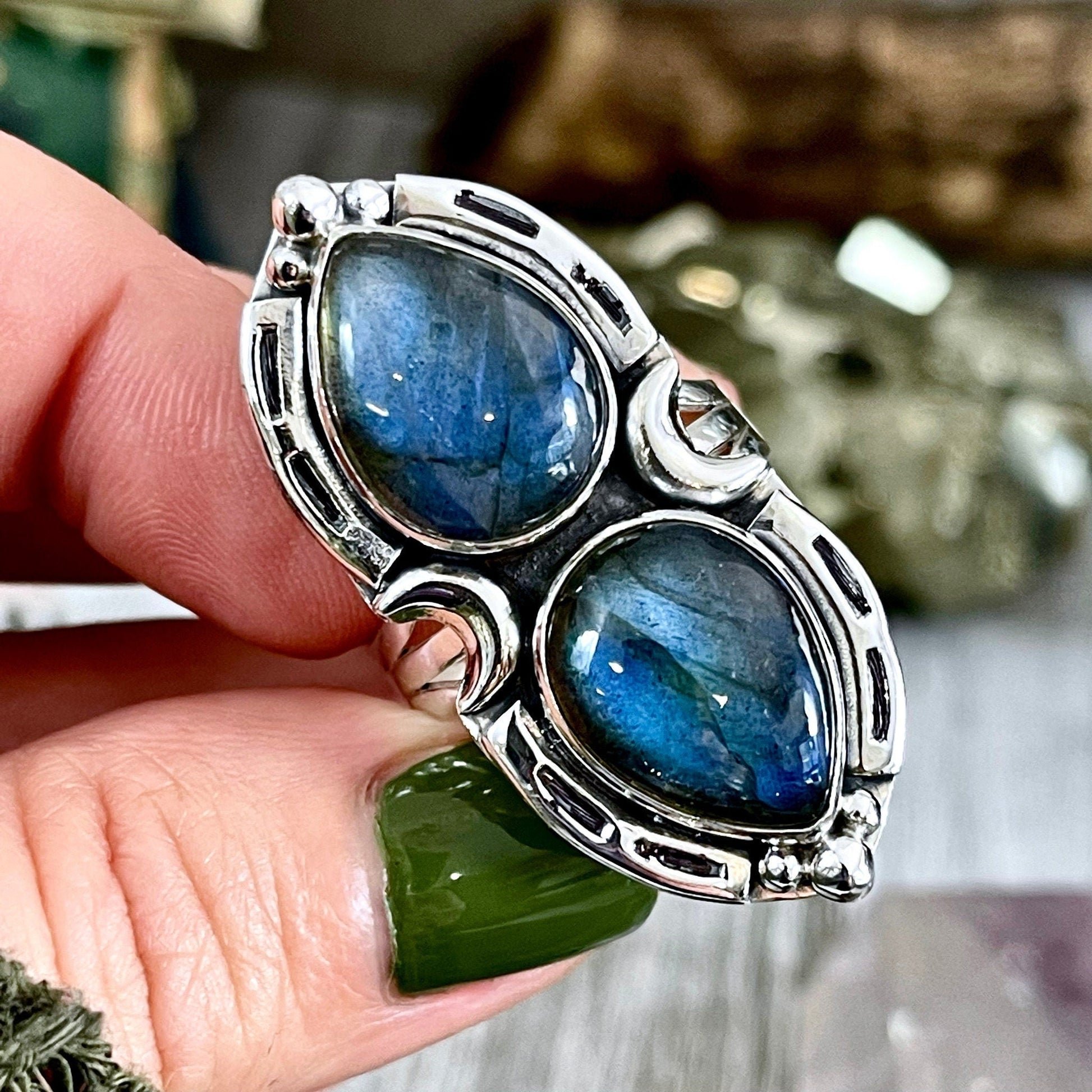 Mystic Moons Labradorite Crystal Ring Sterling Silver Designed FOXLARK Collection Size 6 7 8 9 10