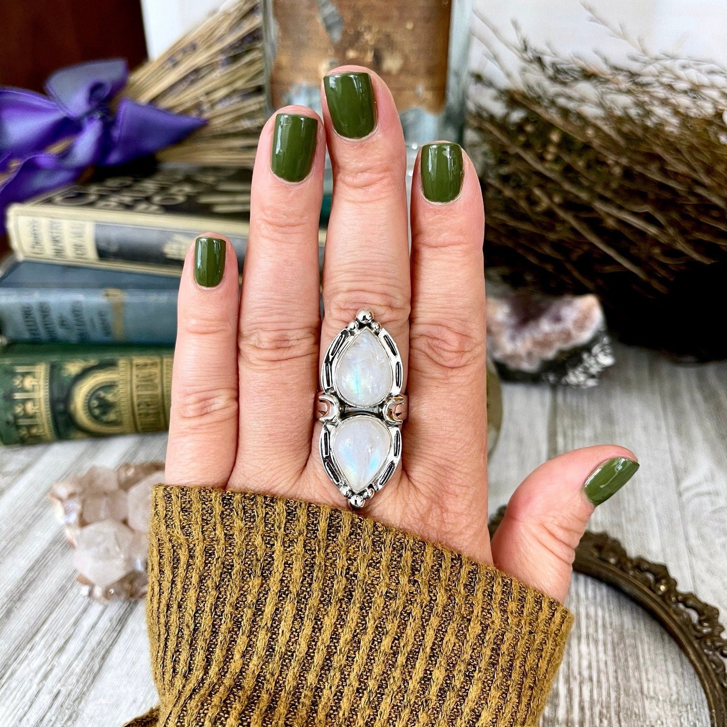 Mystic Moons Rainbow Moonstone Crystal Ring in Solid Sterling Silver- Designed by FOXLARK Collection Size 5 6 7 8 9 10 11