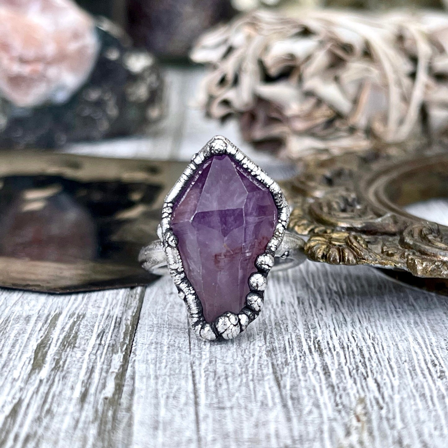 Raw Amethyst Purple Crystal Ring in Fine Silver Size 5 6 7 8 9 / Foxlark Collection - One of a Kind