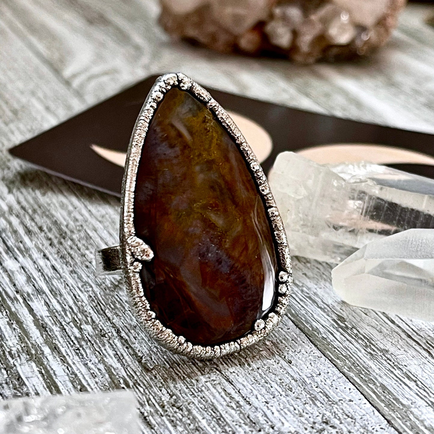 Size 10 Silver Natural Fancy Moss Agate Crystal Statement Ring / Foxlark Collection - One of a Kind