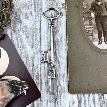 Raw Clear Quartz Crystal Vintage Skeleton Key Necklace Pendant in Fine Silver / Foxlark Collection - One of a Kind