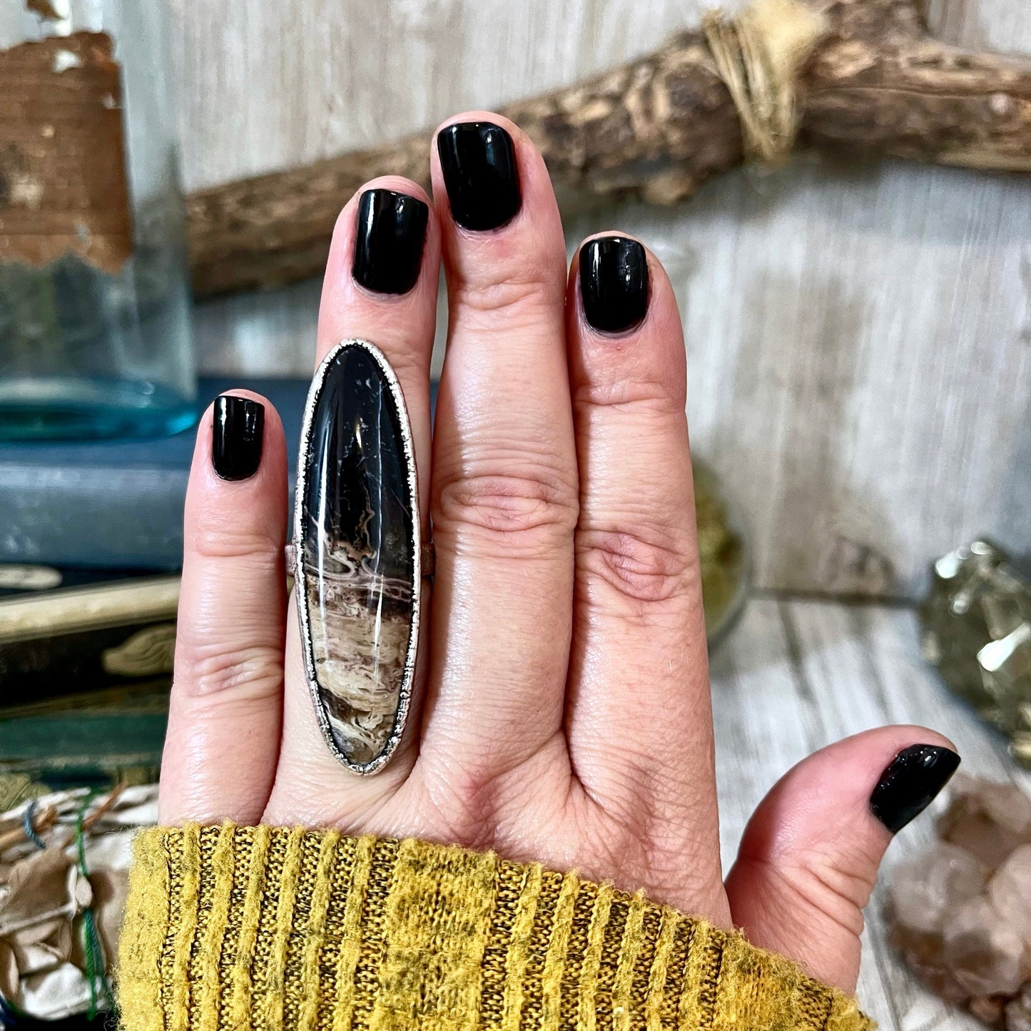 Size 7 Large Fossilized Palm Root Statement Ring in Fine Silver - Black Stone Ring / Foxlark Collection - One of a Kind