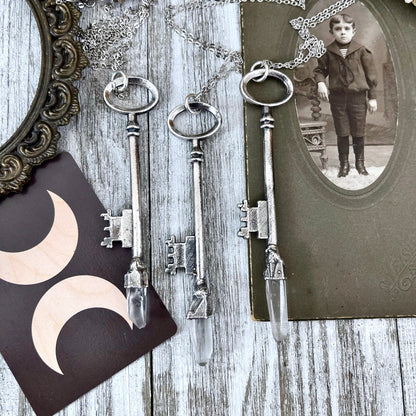 Raw Clear Quartz Crystal Vintage Skeleton Key Necklace Pendant in Fine Silver / Foxlark Collection - One of a Kind