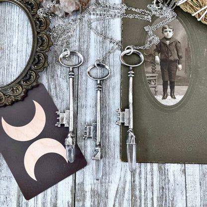 Raw Clear Quartz Crystal Vintage Skeleton Key Necklace Pendant in Fine Silver / Foxlark Collection - One of a Kind