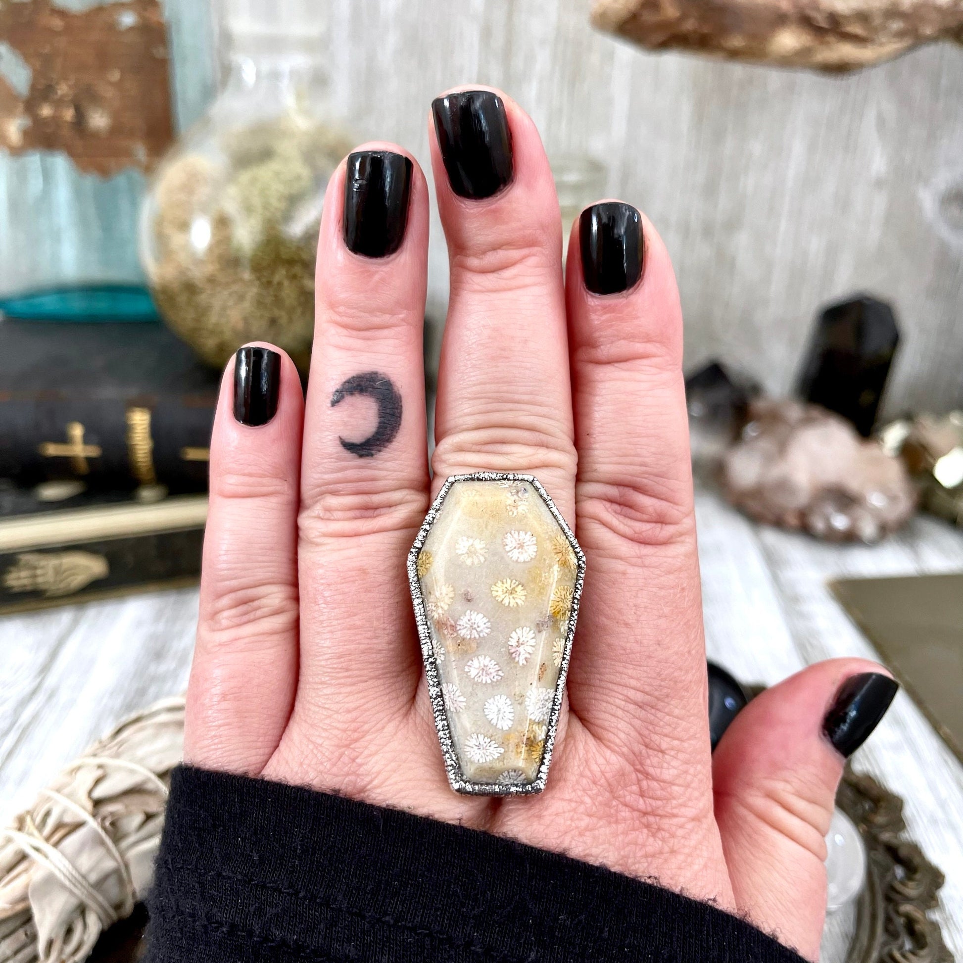 Size 9 Large Fossilized Coral Coffin Statement Ring in Fine Silver / Foxlark Collection - One of a Kind - Foxlark Crystal Jewelry