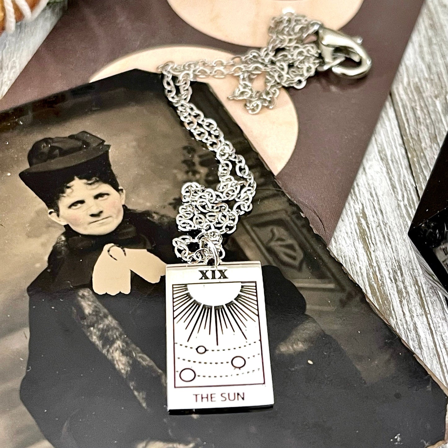 Tiny Talisman Collection - Sterling Silver The Sun Tarot Card Necklace 24x14mm /