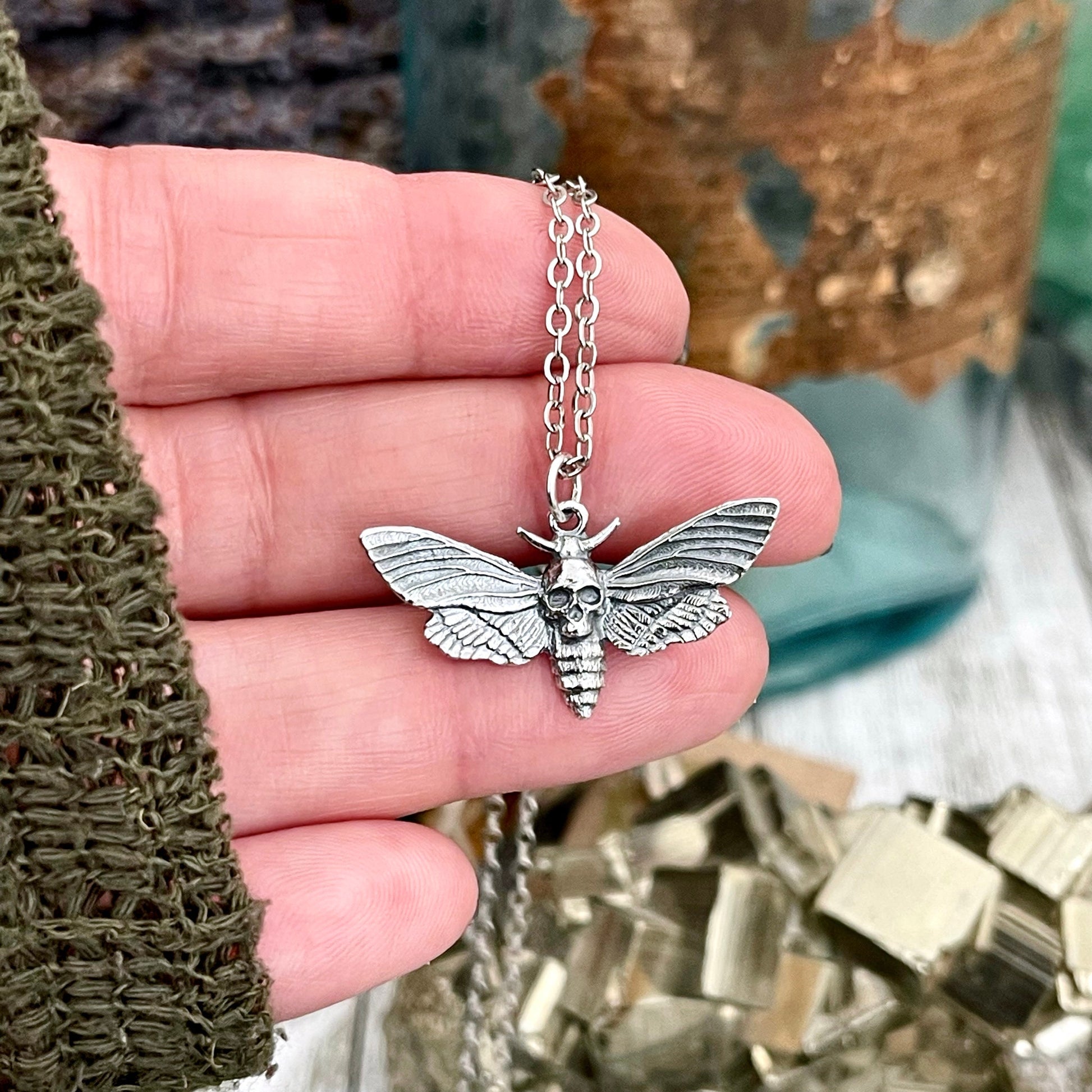 Tiny Talisman Collection - Sterling Silver Deaths Head Moth Pendant with Skull 19x30mm / Curated by FOXLARK Collection 925