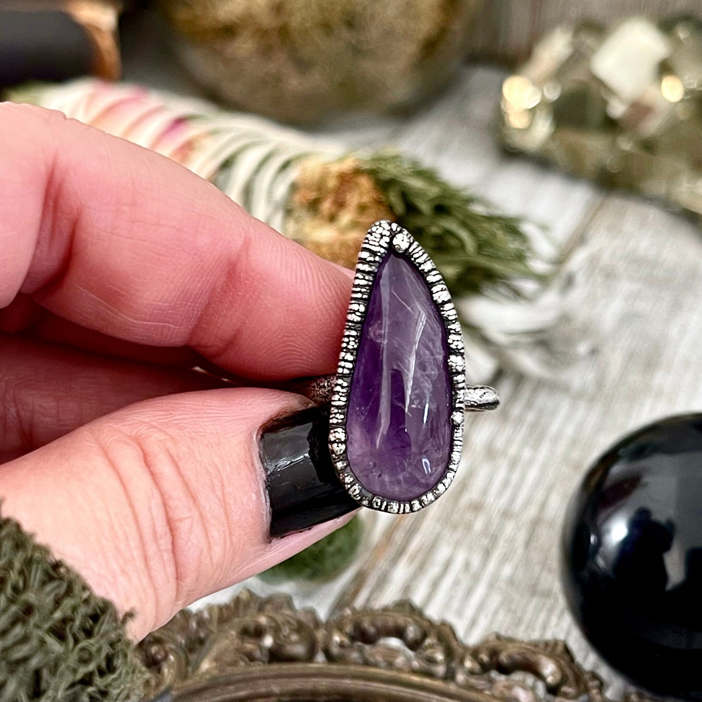 Size 8 Purple Amethyst Gemstone Crystal Ring Set in Fine Silver / Foxlark Collection - One of a Kind