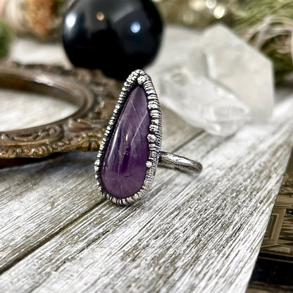 Size 8 Purple Amethyst Gemstone Crystal Ring Set in Fine Silver / Foxlark Collection - One of a Kind