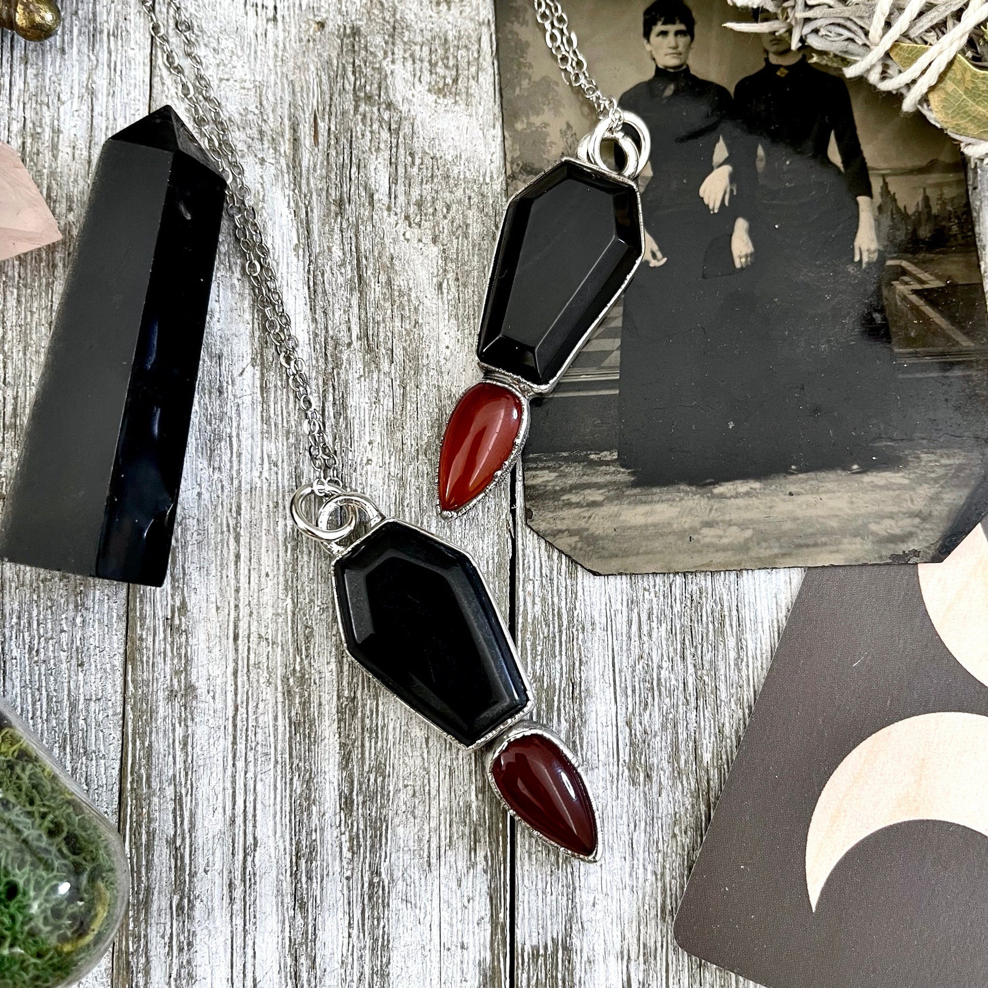 Crystal Coffin Black Onyx and Red Carnelian Necklace / Gothic Jewelry