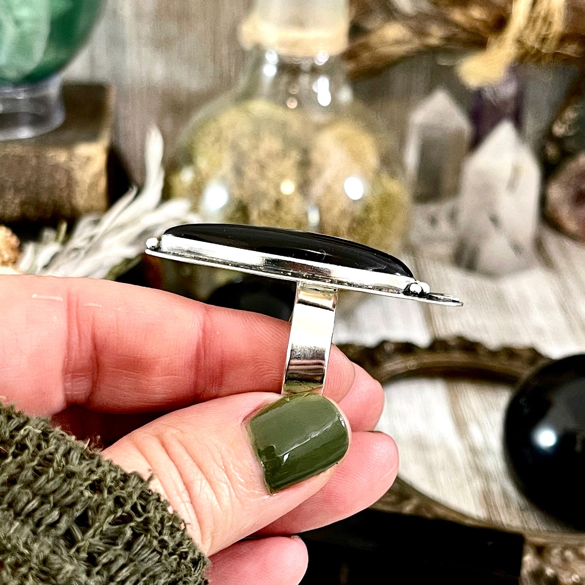 Black Onyx Ring in Sterling Silver, Magic Moon Ring/ Designed by FOXLARK Collection Adjustable to Size 6 7 8 9 10