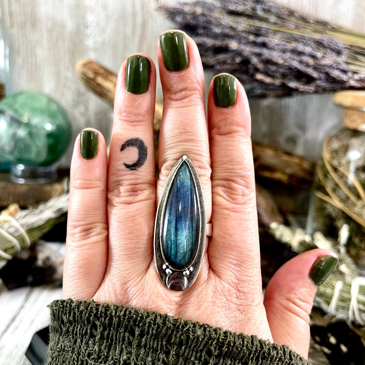 Labradorite Ring Magic Moon Blue Crystal Ring / Designed by FOXLARK Adjustable Size 6 7 8 9 10.