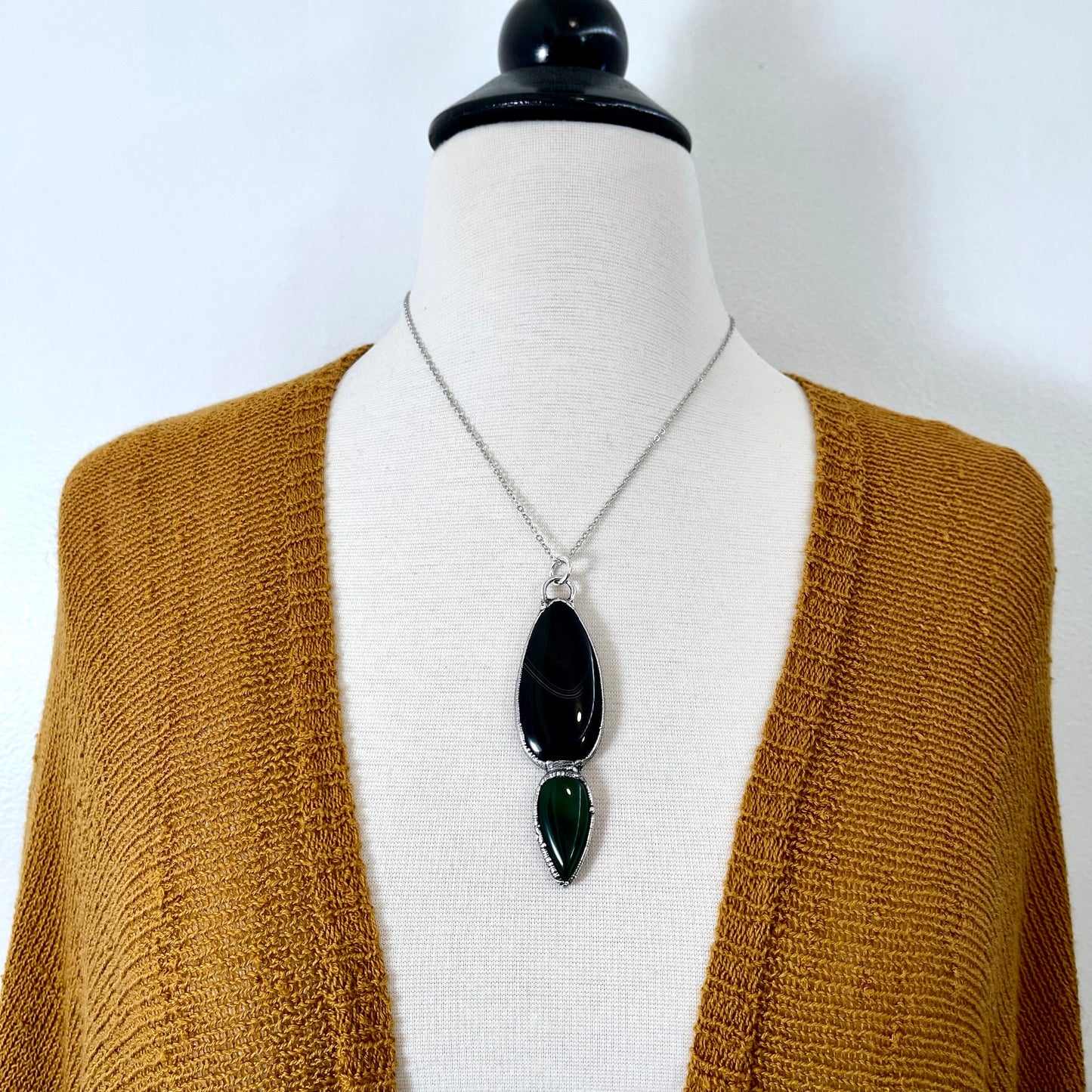 Crystal Teardrop Black Agate and Green Agate Necklace / Gothic Jewelry