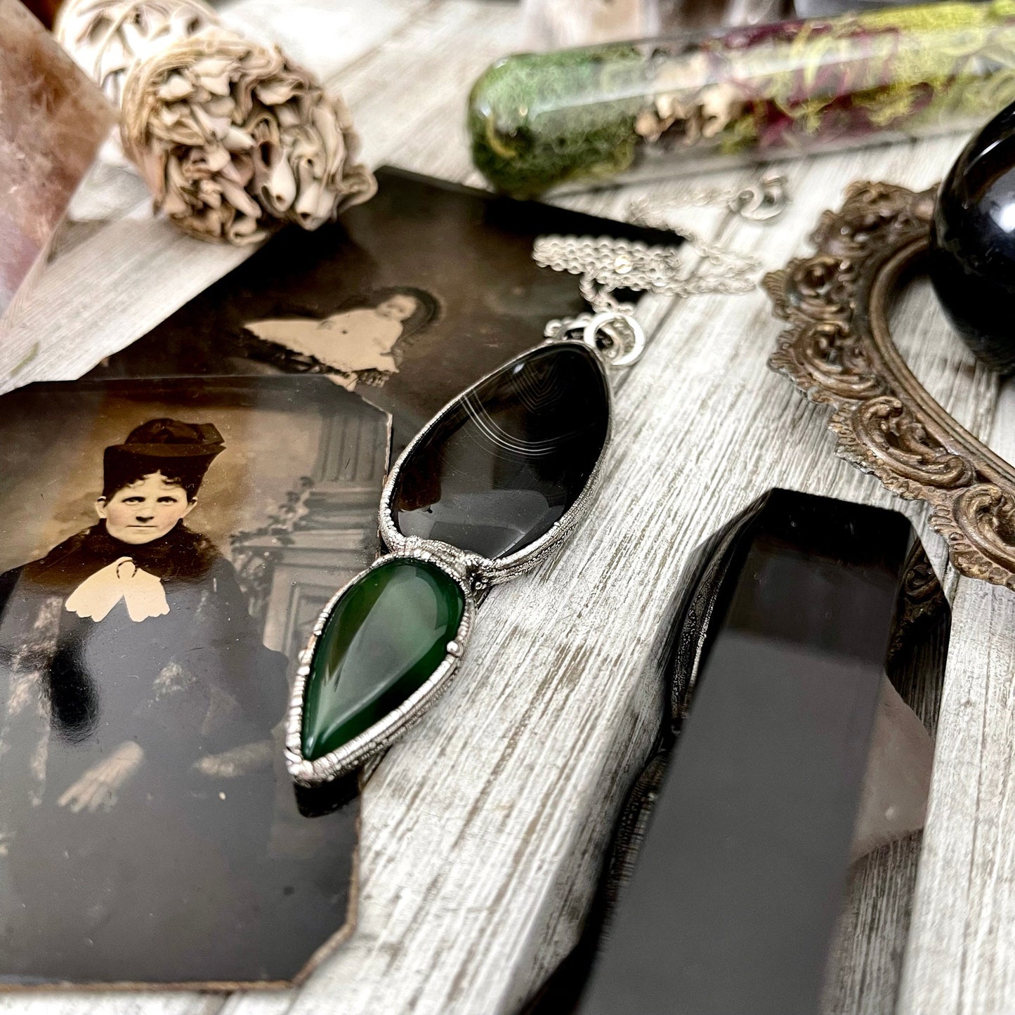 Crystal Teardrop Black Agate and Green Agate Necklace / Gothic Jewelry