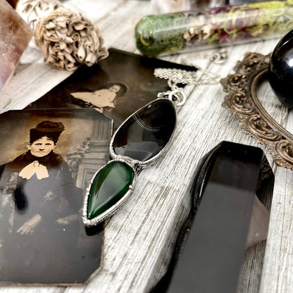 Crystal Teardrop Black Agate and Green Agate Necklace / Gothic Jewelry
