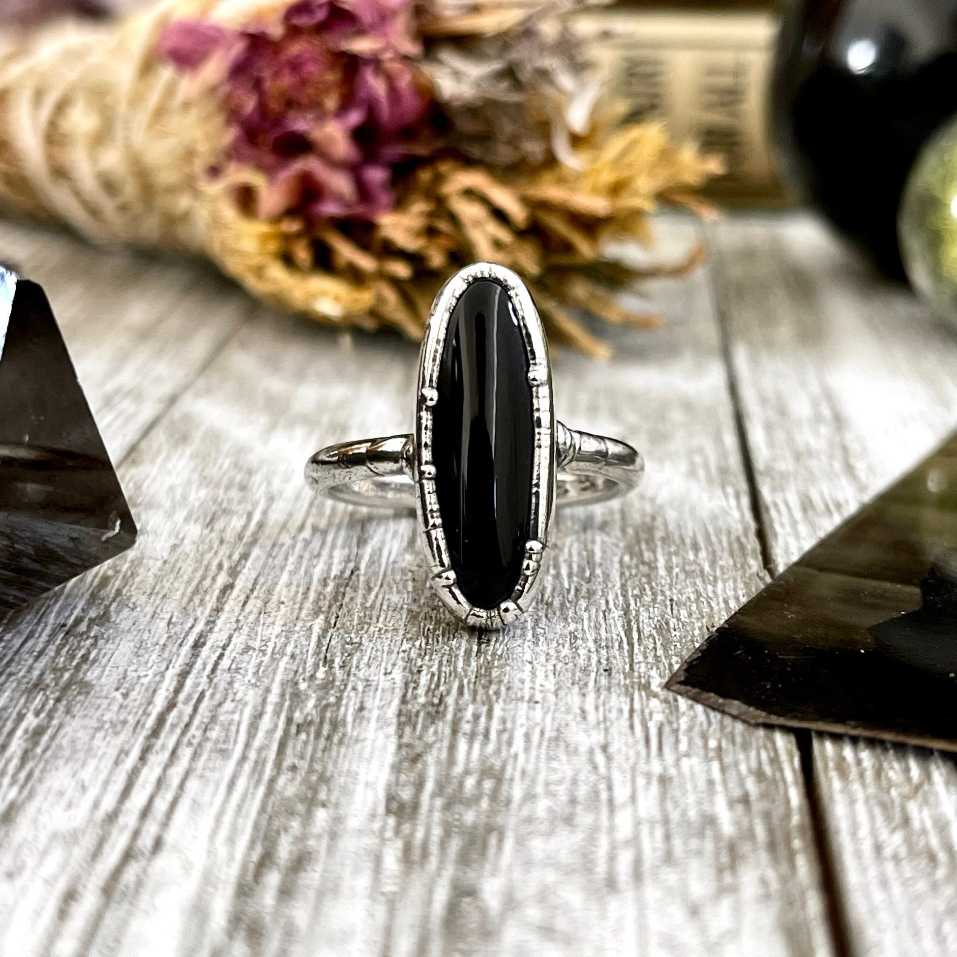 Black Onyx Oval Stone Ring in Fine Silver Size 6 7 8 9 10 / Foxlark Collection