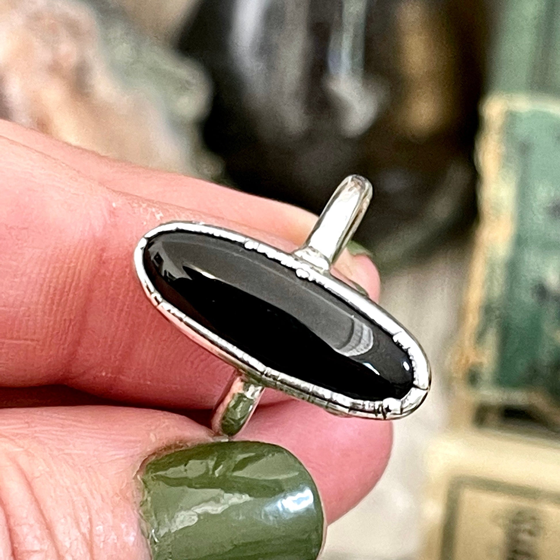 Black Onyx Oval Stone Ring in Fine Silver Size 6 7 8 9 10 / Foxlark Collection