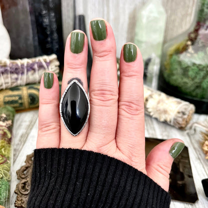 Size 7 Natural Black Onyx Ring in Fine Silver / Large Crystal Ring - Black Stone Ring - Silver Crystal Ring - Bohemian Jewelry Gemstone