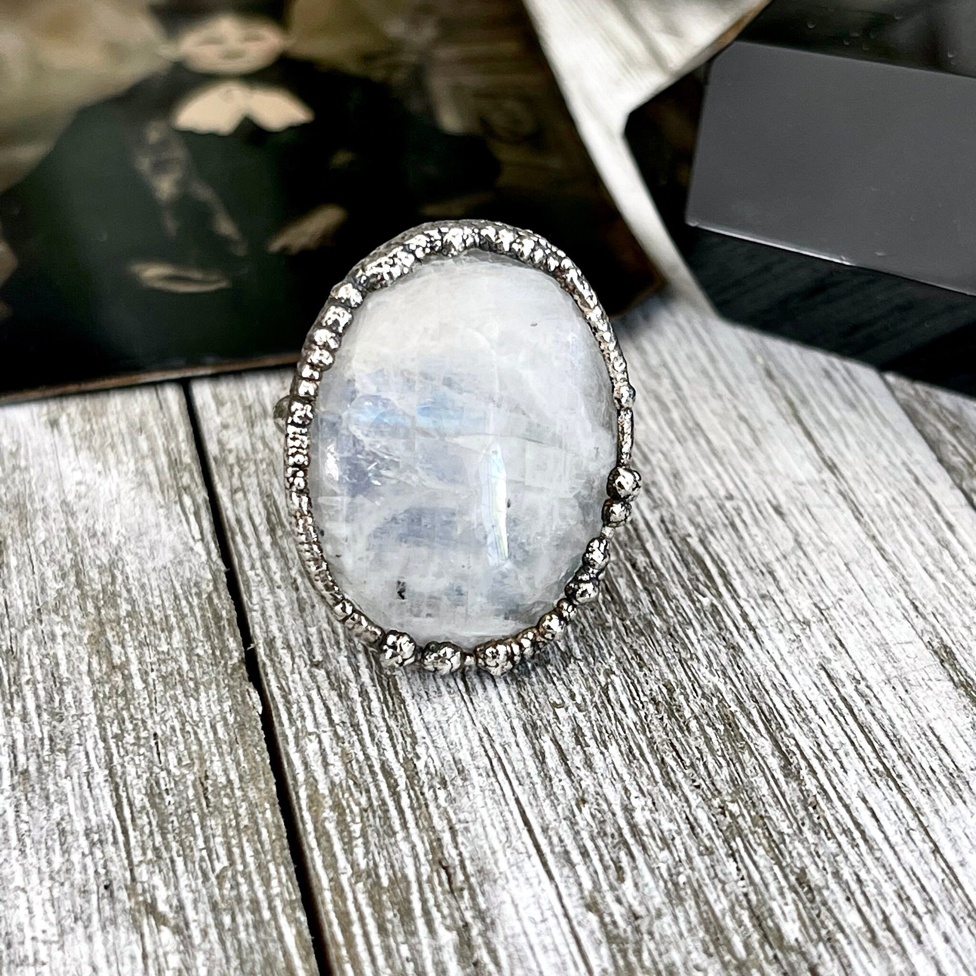 Size 8.5 Rainbow Moonstone Ring in Fine Silver / Foxlark Collection - One of a Kind // Big Bohemian Statement Ring Large Witchy Alternative