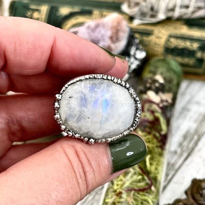 Size 8.5 Rainbow Moonstone Ring in Fine Silver / Foxlark Collection - One of a Kind // Big Bohemian Statement Ring Large Witchy Alternative
