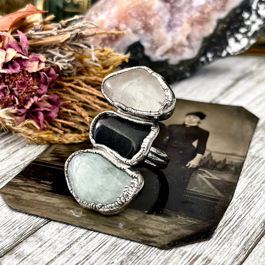 Size 6 Crystal Ring - Three Stone Ring Black Onyx Clear Quartz Aquamarine Silver Ring / Foxlark Collection - One of a Kind / Crystal Jewelry
